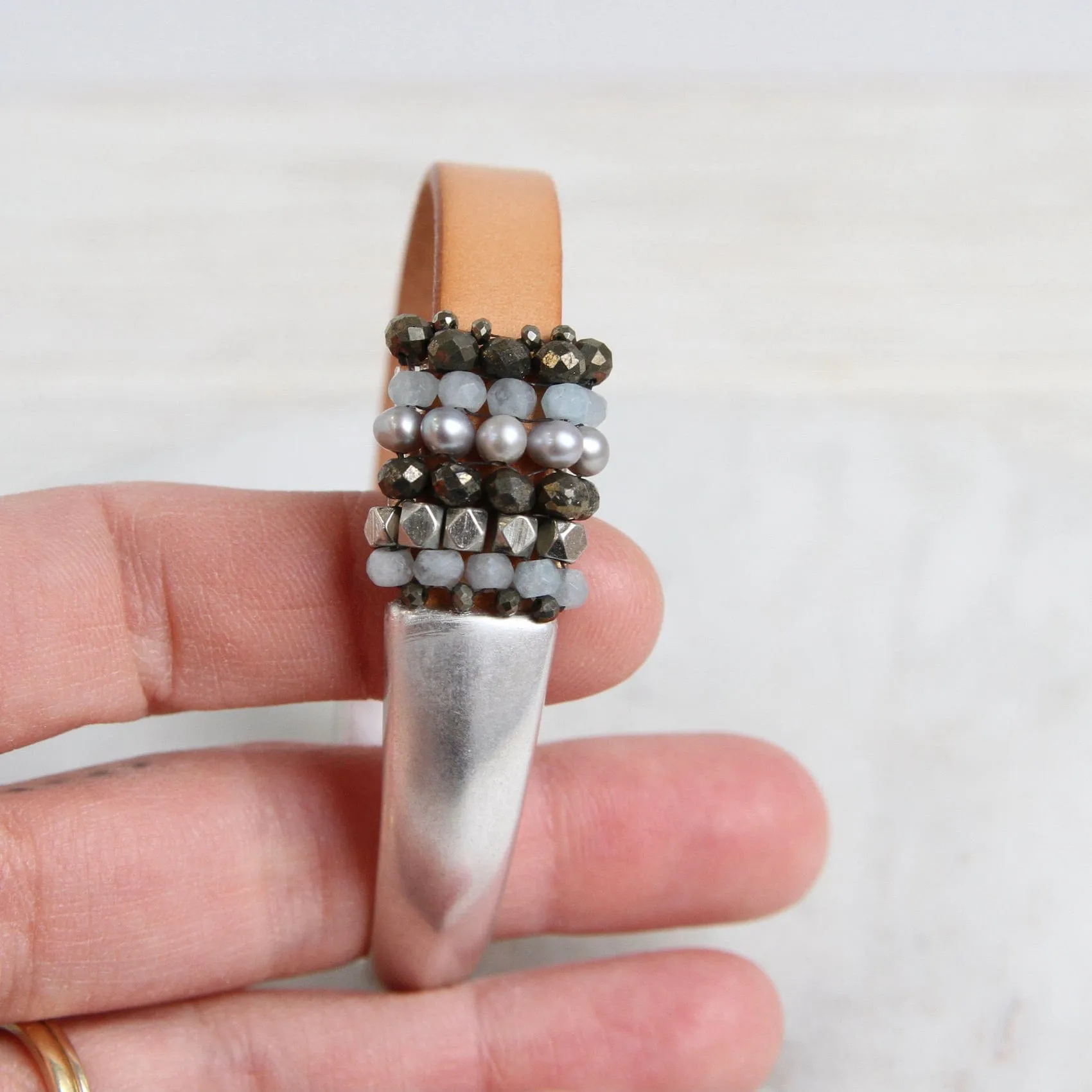 Hand Stitched Aquamarine, Grey Pearls, Pyrite, & Silver Cubes 1/2 Cuff Bracelet