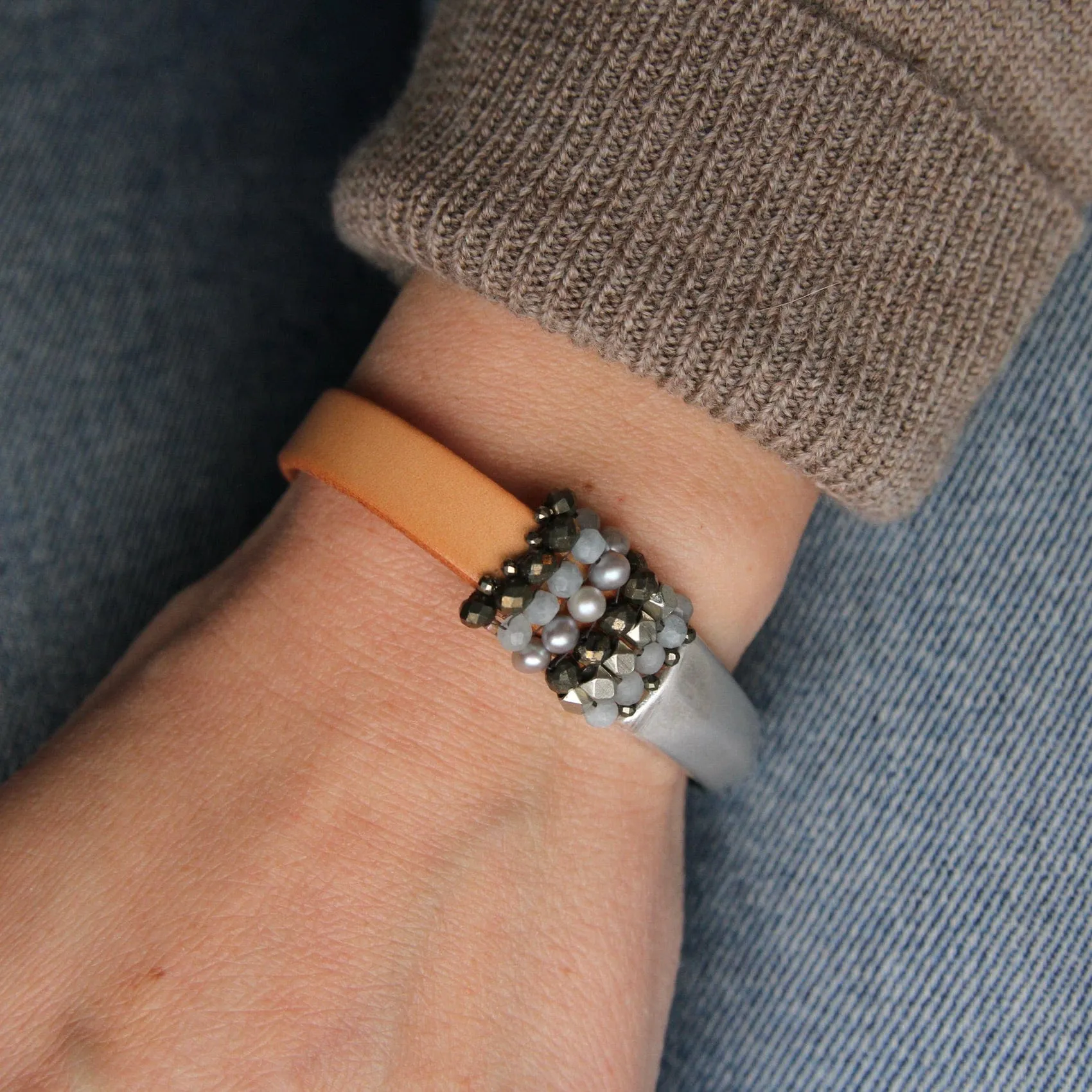 Hand Stitched Aquamarine, Grey Pearls, Pyrite, & Silver Cubes 1/2 Cuff Bracelet