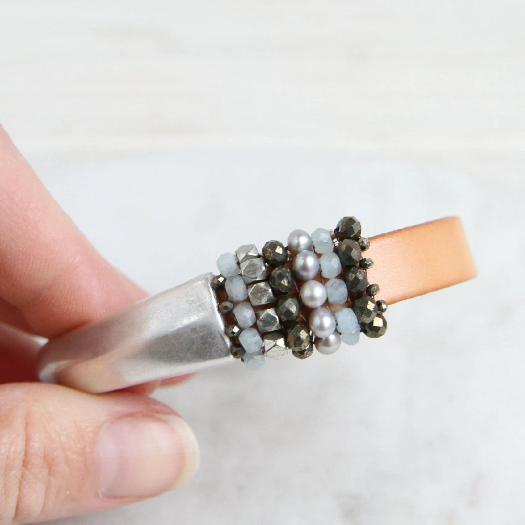 Hand Stitched Aquamarine, Grey Pearls, Pyrite, & Silver Cubes 1/2 Cuff Bracelet