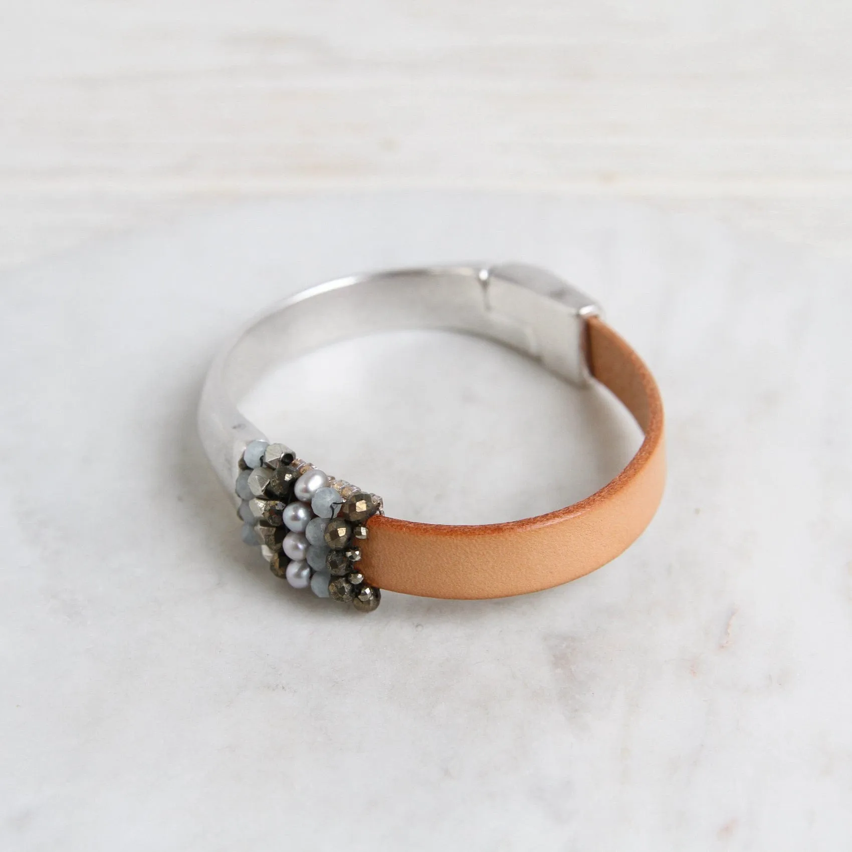 Hand Stitched Aquamarine, Grey Pearls, Pyrite, & Silver Cubes 1/2 Cuff Bracelet