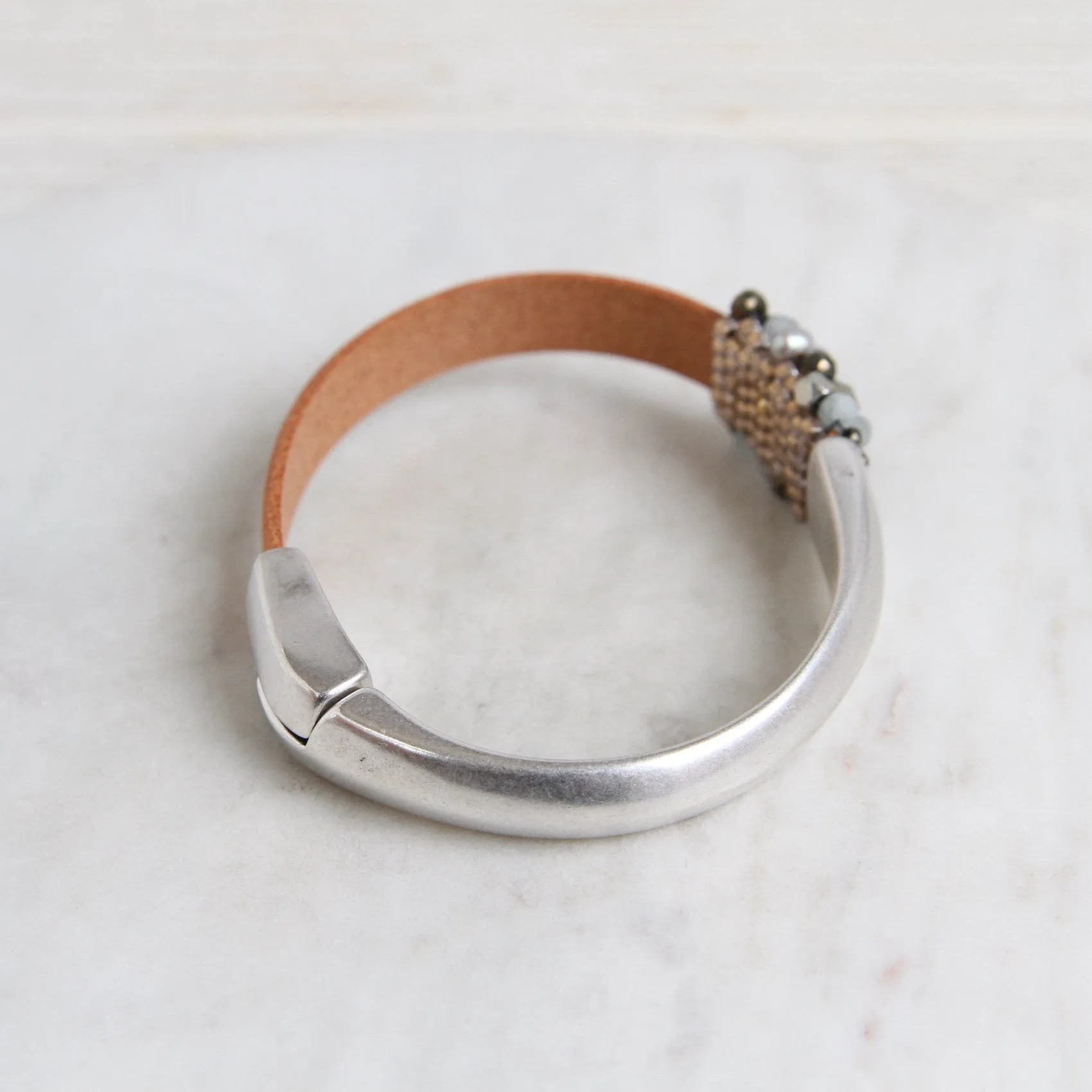 Hand Stitched Aquamarine, Grey Pearls, Pyrite, & Silver Cubes 1/2 Cuff Bracelet