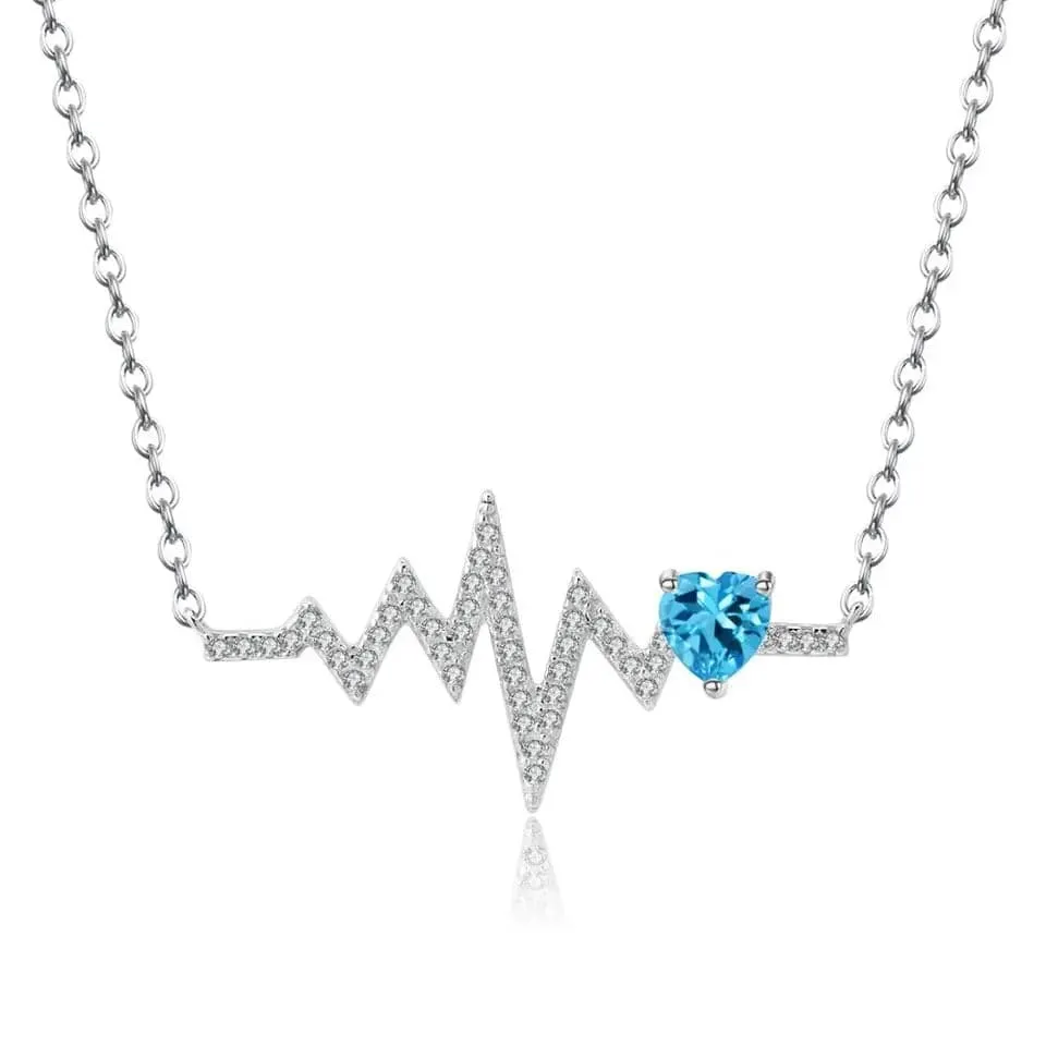 Heartbeat with Gemstone Heart Rhodium Plated Sterling Silver Necklace
