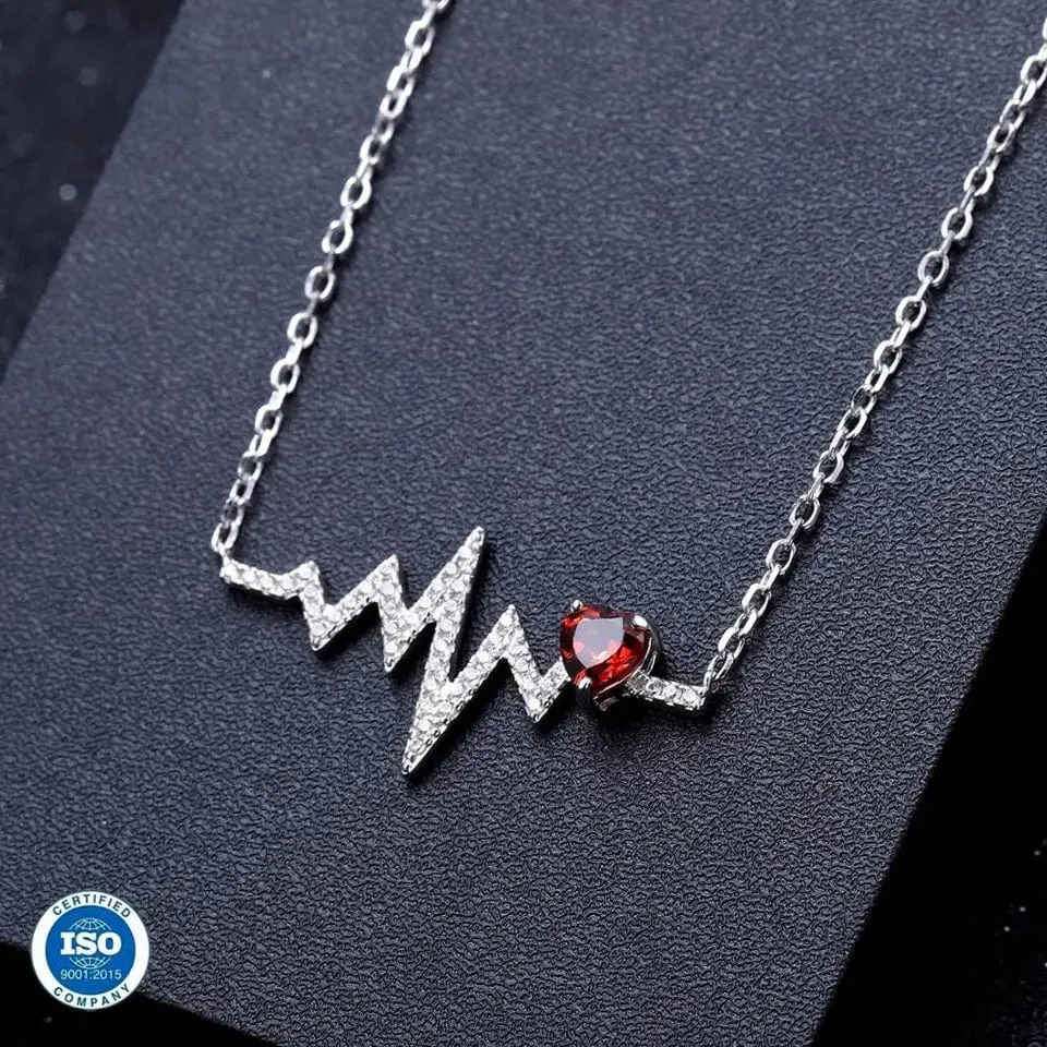 Heartbeat with Gemstone Heart Rhodium Plated Sterling Silver Necklace