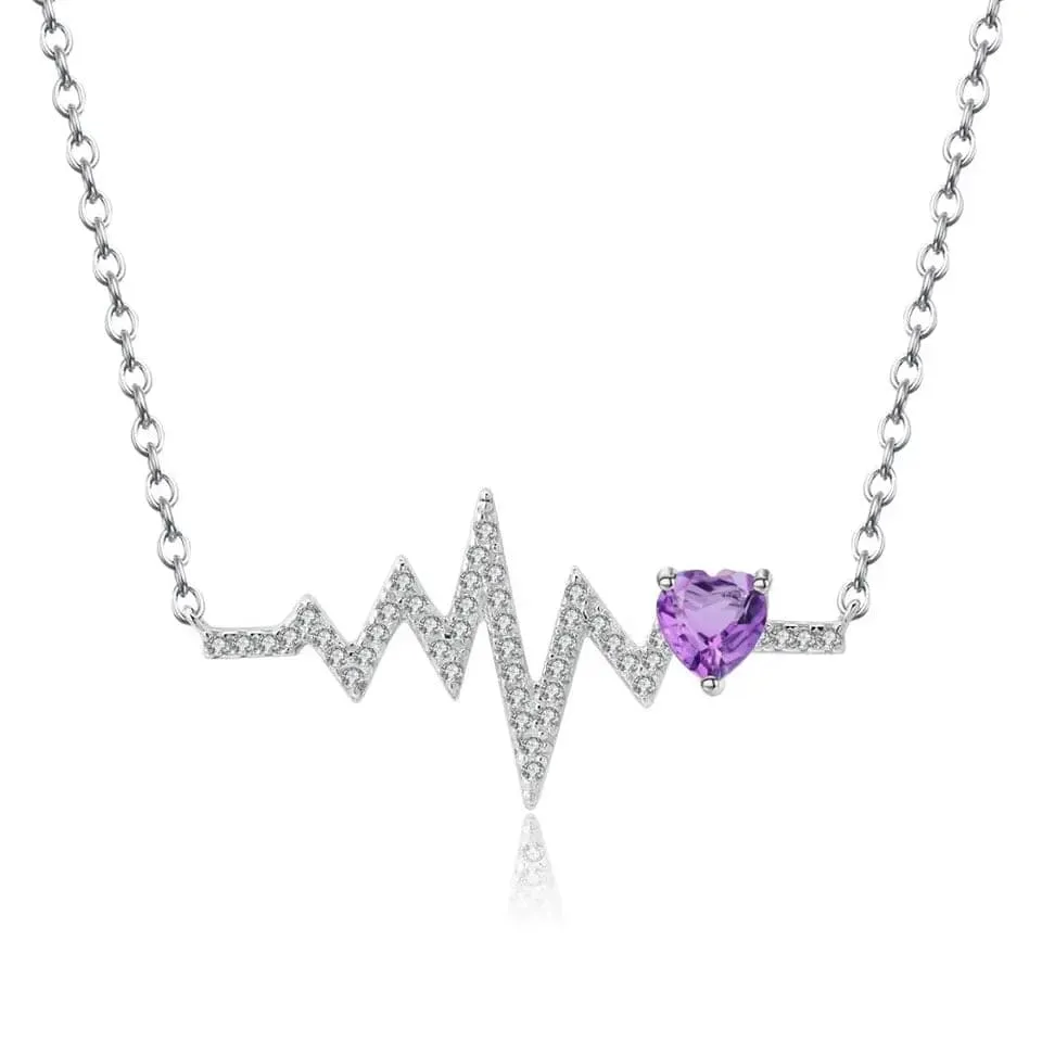 Heartbeat with Gemstone Heart Rhodium Plated Sterling Silver Necklace