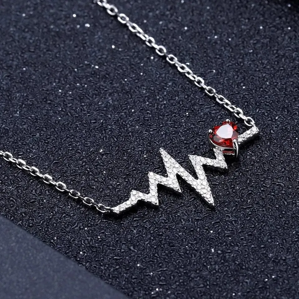 Heartbeat with Gemstone Heart Rhodium Plated Sterling Silver Necklace