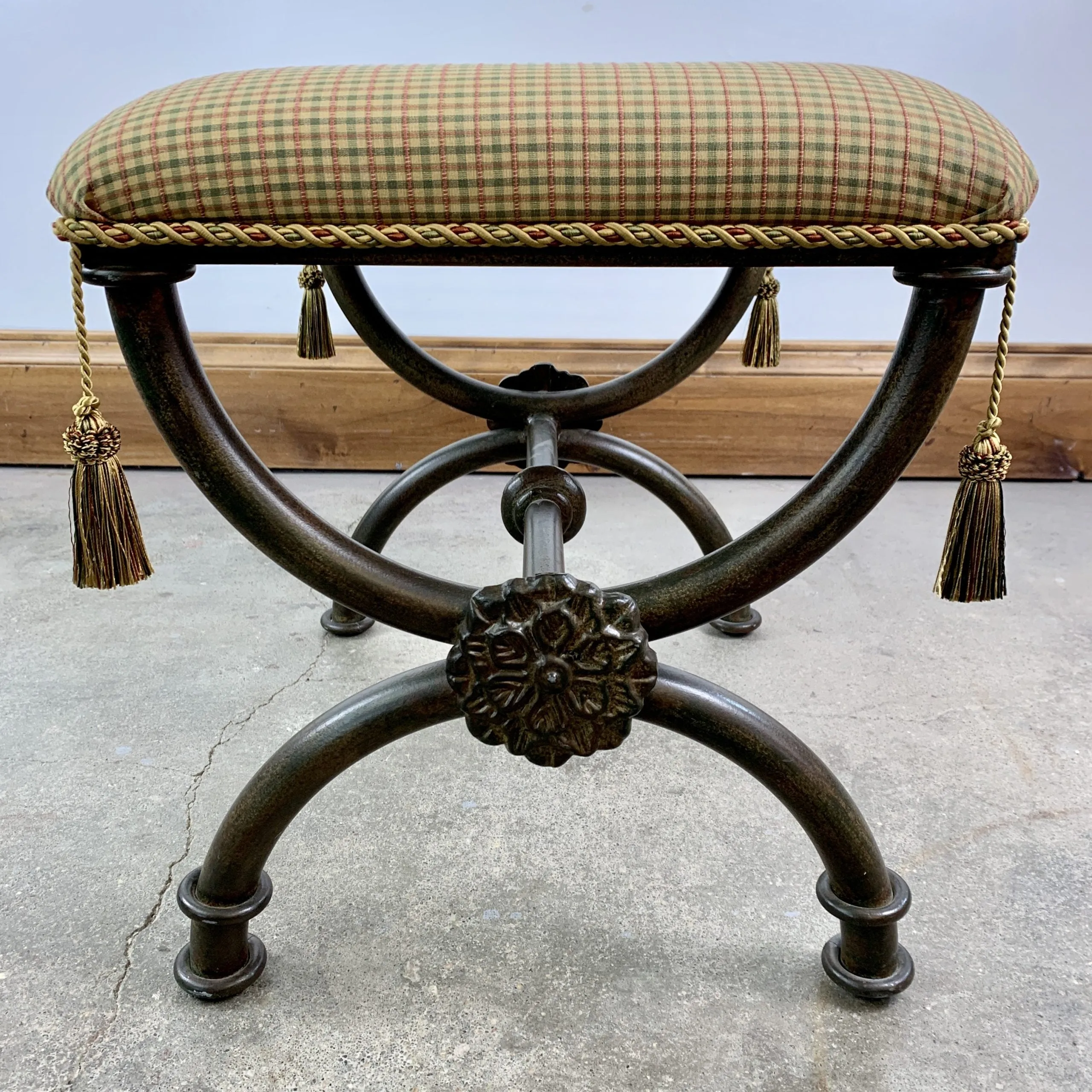 Iron Upholstered Bench, Traditional, Green, Red, Beige Upholstery