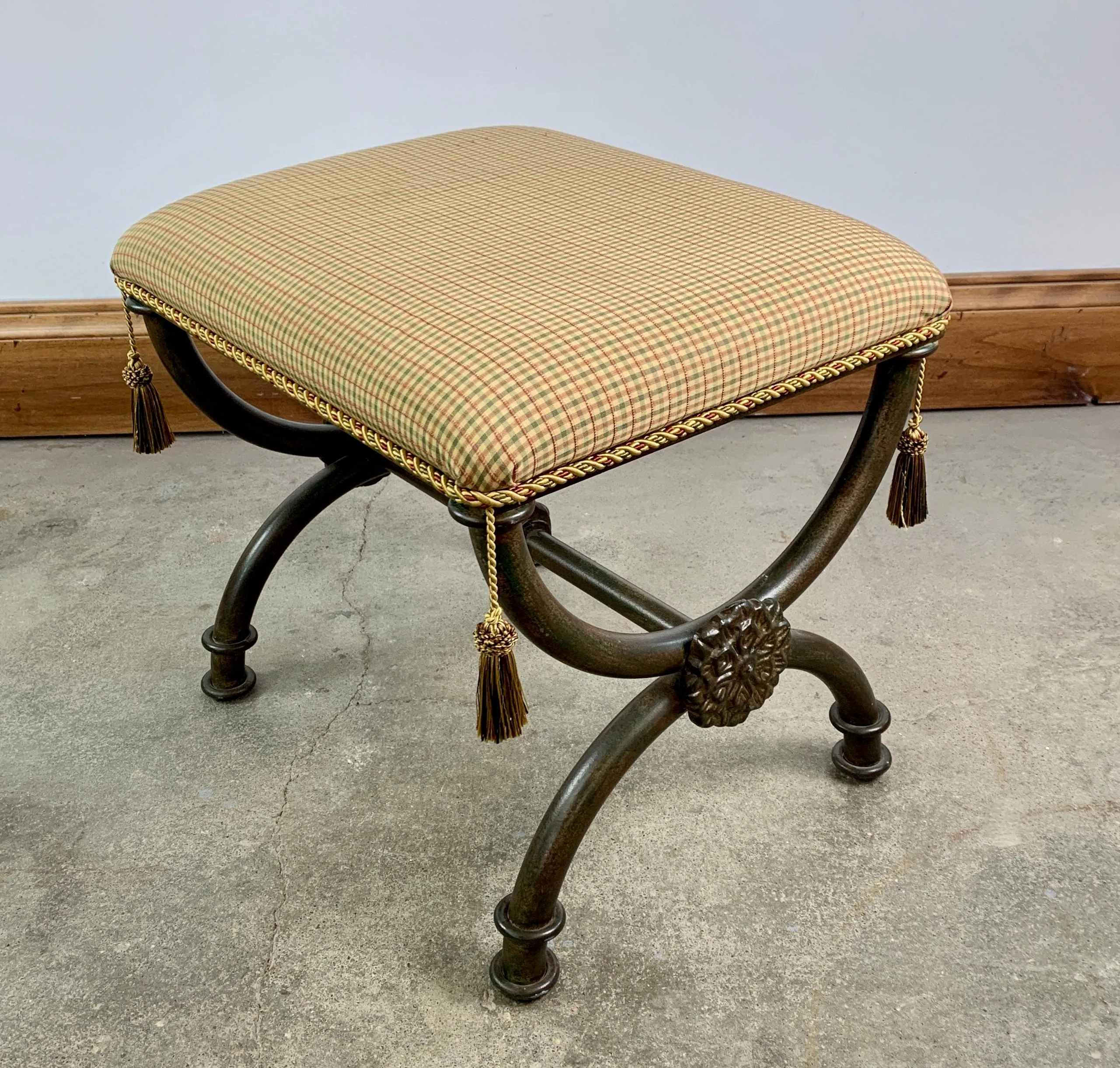 Iron Upholstered Bench, Traditional, Green, Red, Beige Upholstery