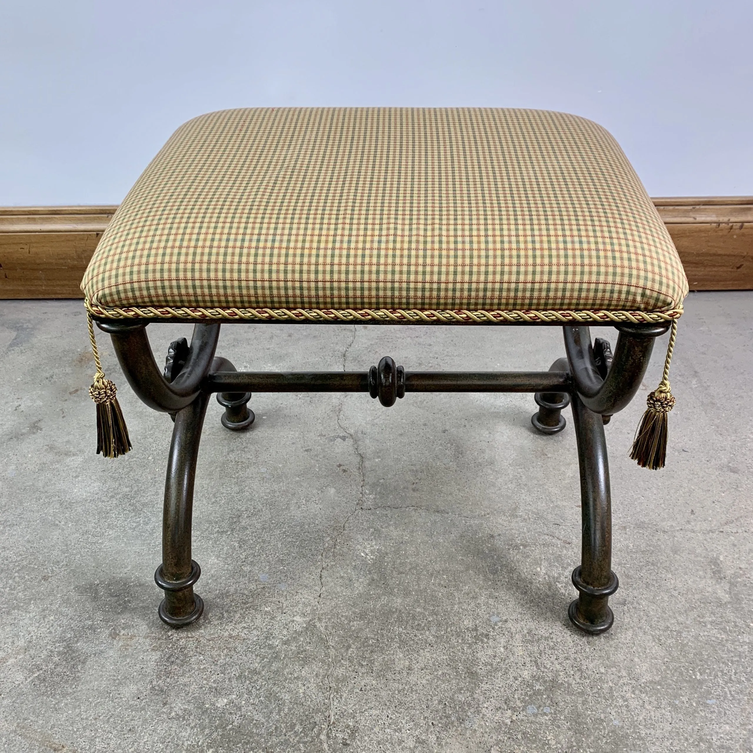 Iron Upholstered Bench, Traditional, Green, Red, Beige Upholstery