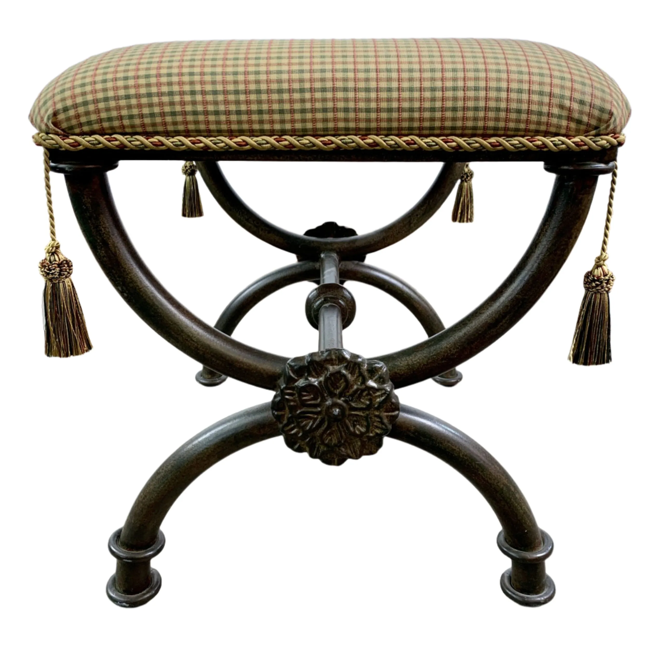 Iron Upholstered Bench, Traditional, Green, Red, Beige Upholstery