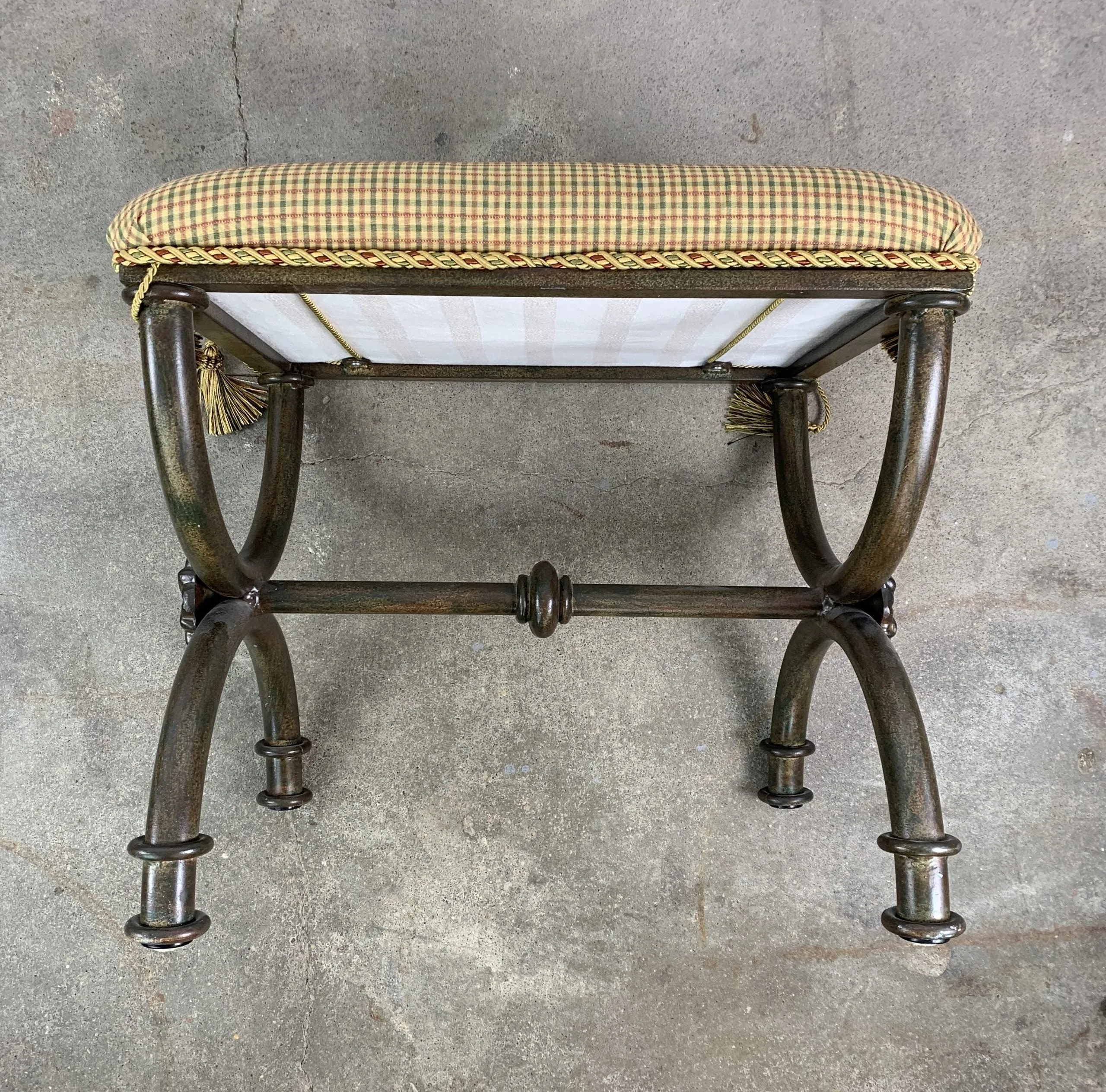 Iron Upholstered Bench, Traditional, Green, Red, Beige Upholstery