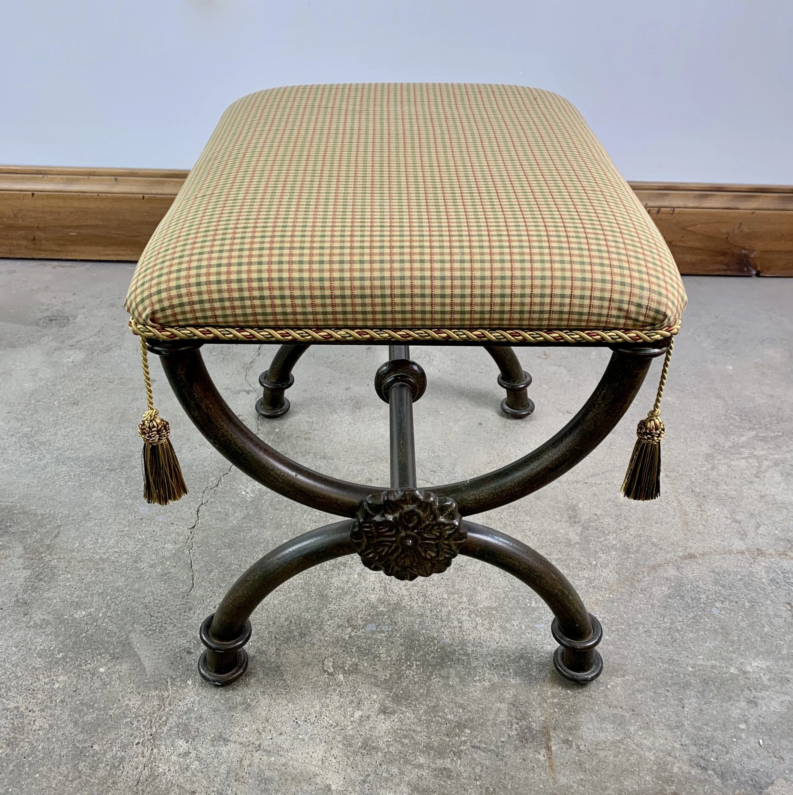 Iron Upholstered Bench, Traditional, Green, Red, Beige Upholstery