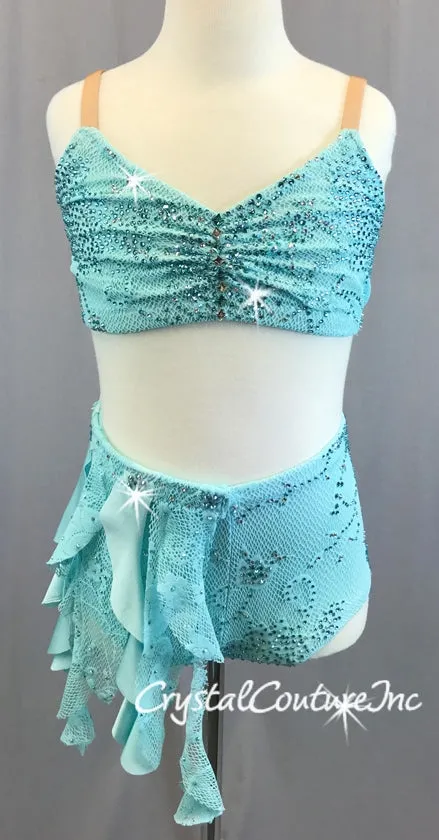 Lt Teal Blue Lace and Mesh Bra-Top & Booty Short/Skirt - Swarovski Rhinestones