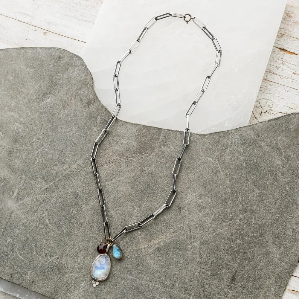Moonstone Necklace with Red Garnet and Labradorite