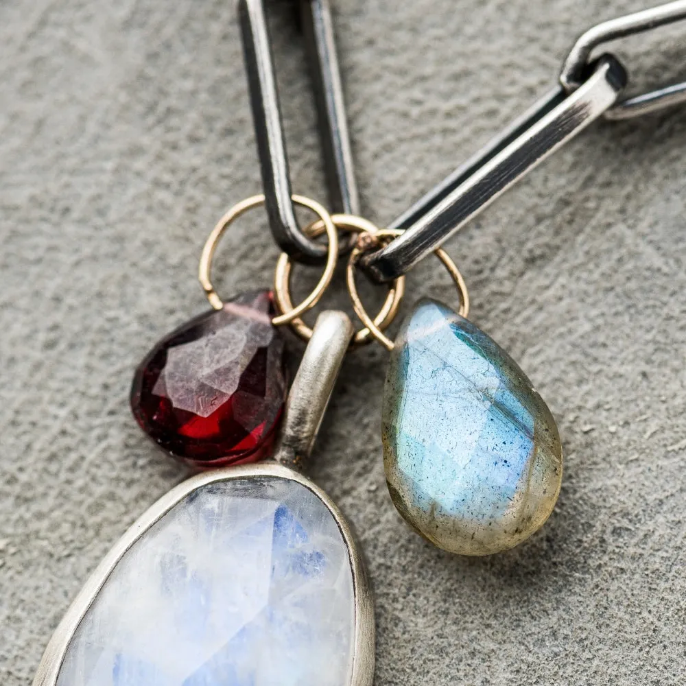 Moonstone Necklace with Red Garnet and Labradorite