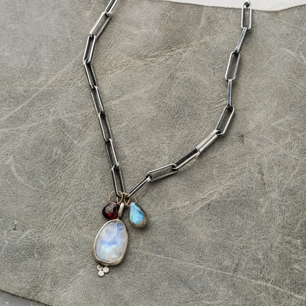 Moonstone Necklace with Red Garnet and Labradorite