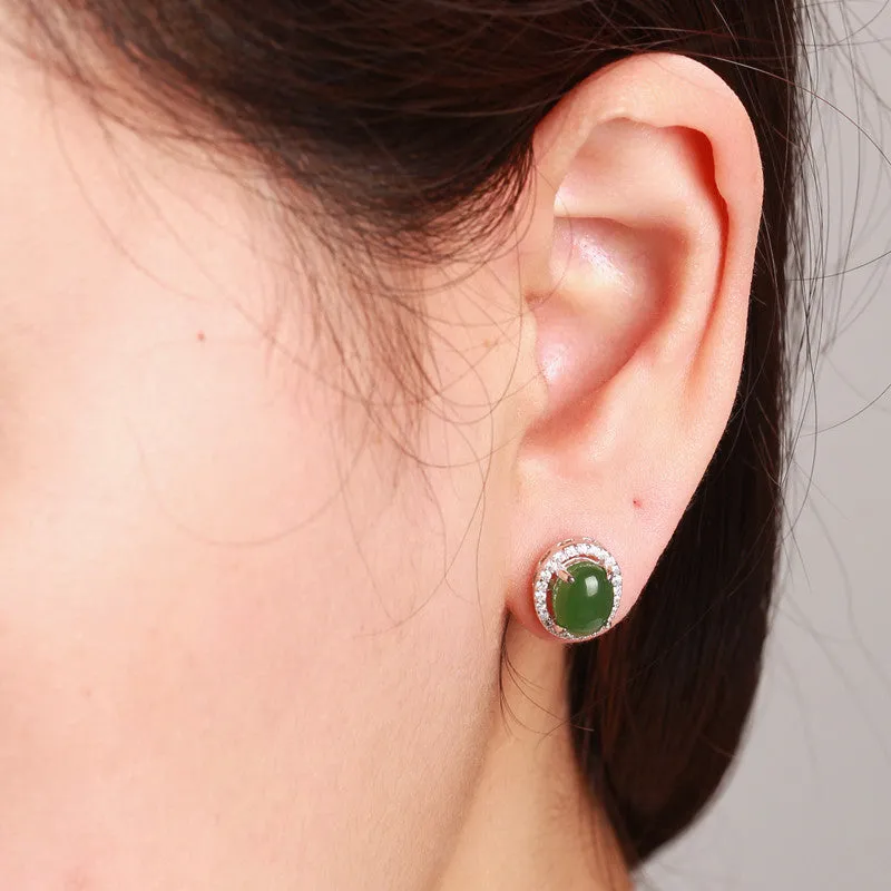 Natural Jade Earrings Nephrite Silver Zircon Earrings ZEG515