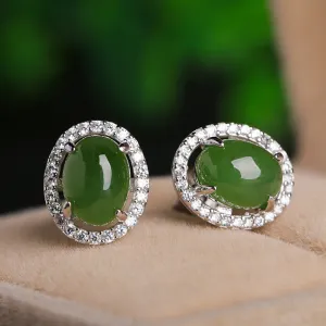 Natural Jade Earrings Nephrite Silver Zircon Earrings ZEG515