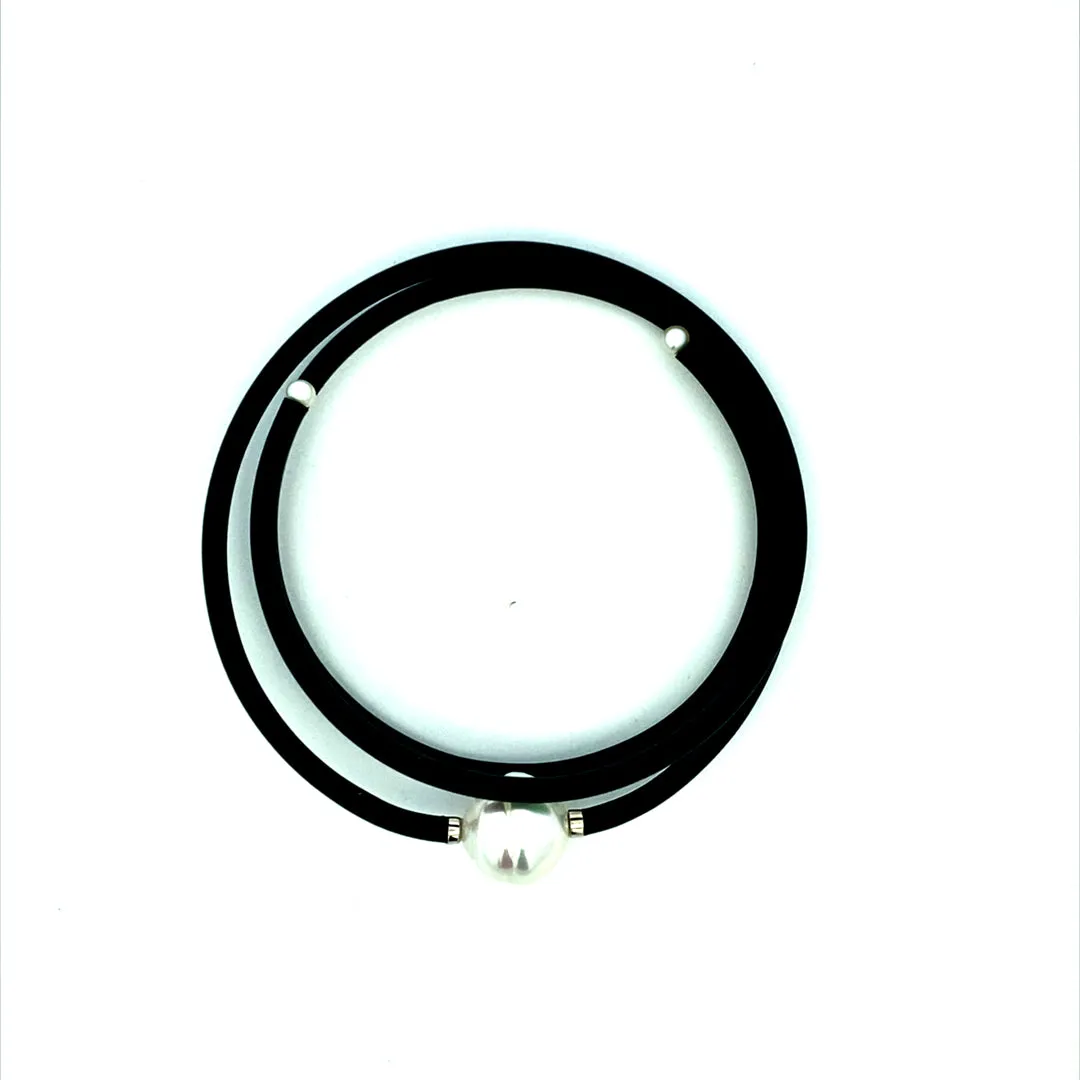 Pearl Bracelet & Black Rubber Wrap Style
