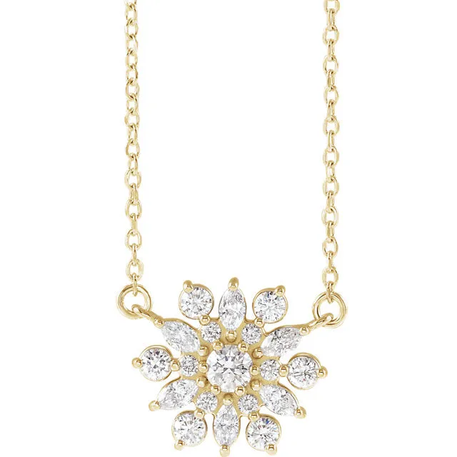 Platinum 14k Yellow Rose White Gold Sterling Silver 1/2 CTW Diamond Starburst Cluster Necklace