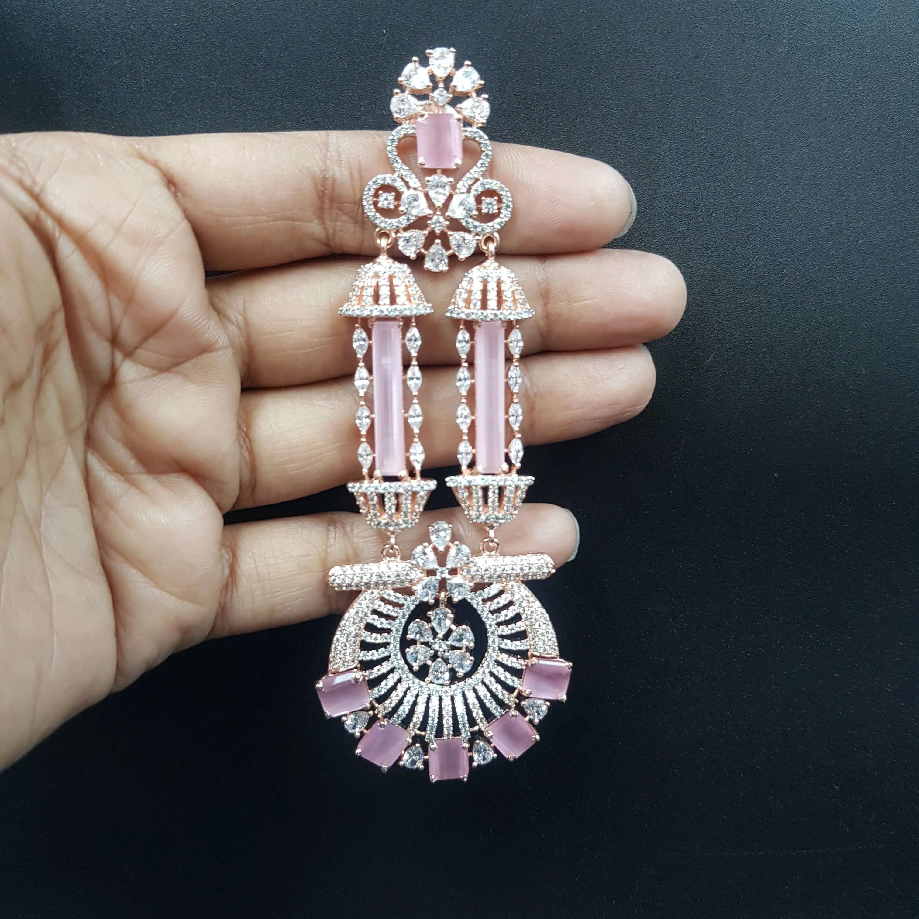 Rose Gold Plated Zircon/AD Long Earring Danglers 18390-5572