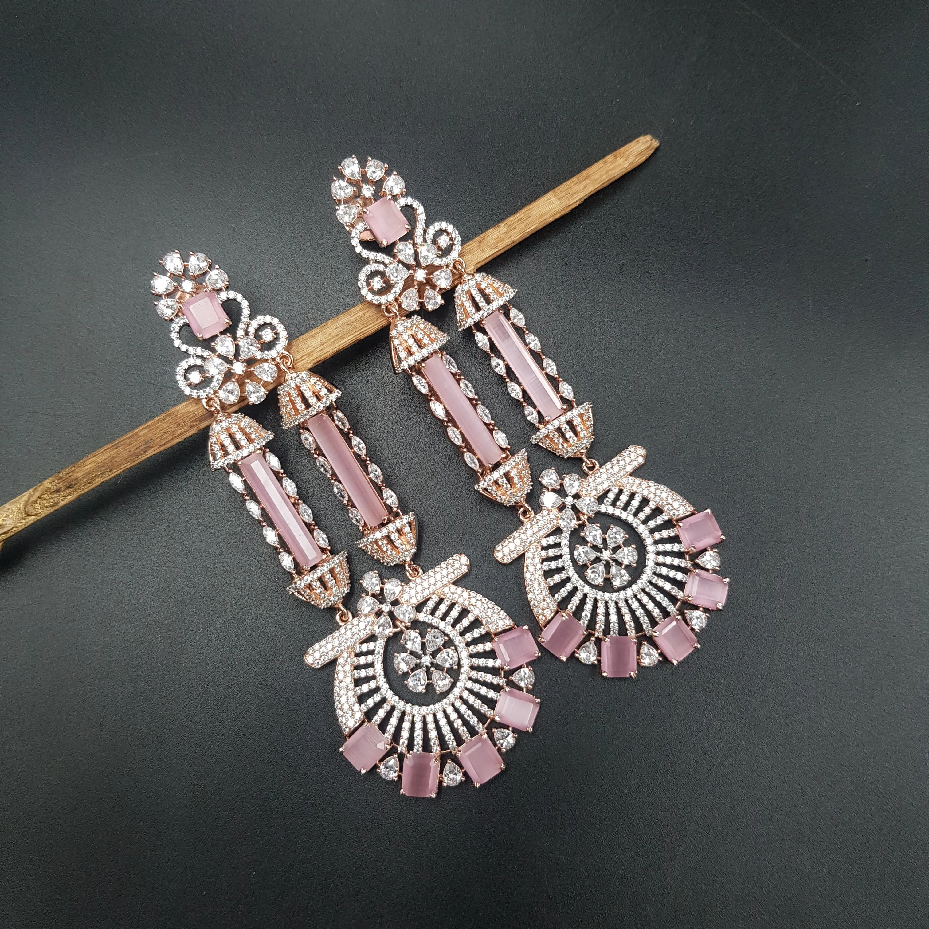 Rose Gold Plated Zircon/AD Long Earring Danglers 18390-5572