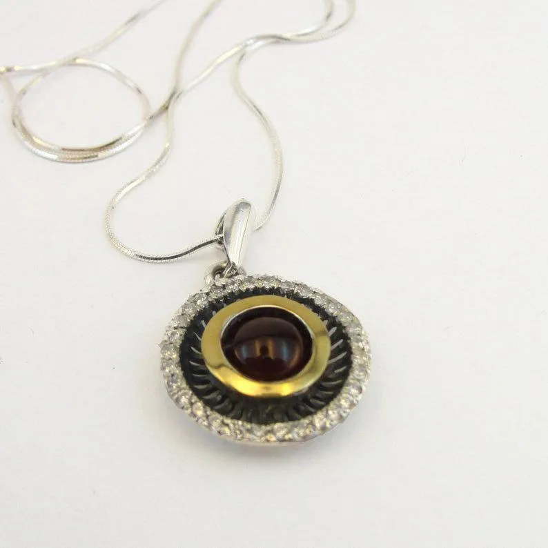 Round Garnet 925 Sterling Silver and 9K Yellow Gold pendant