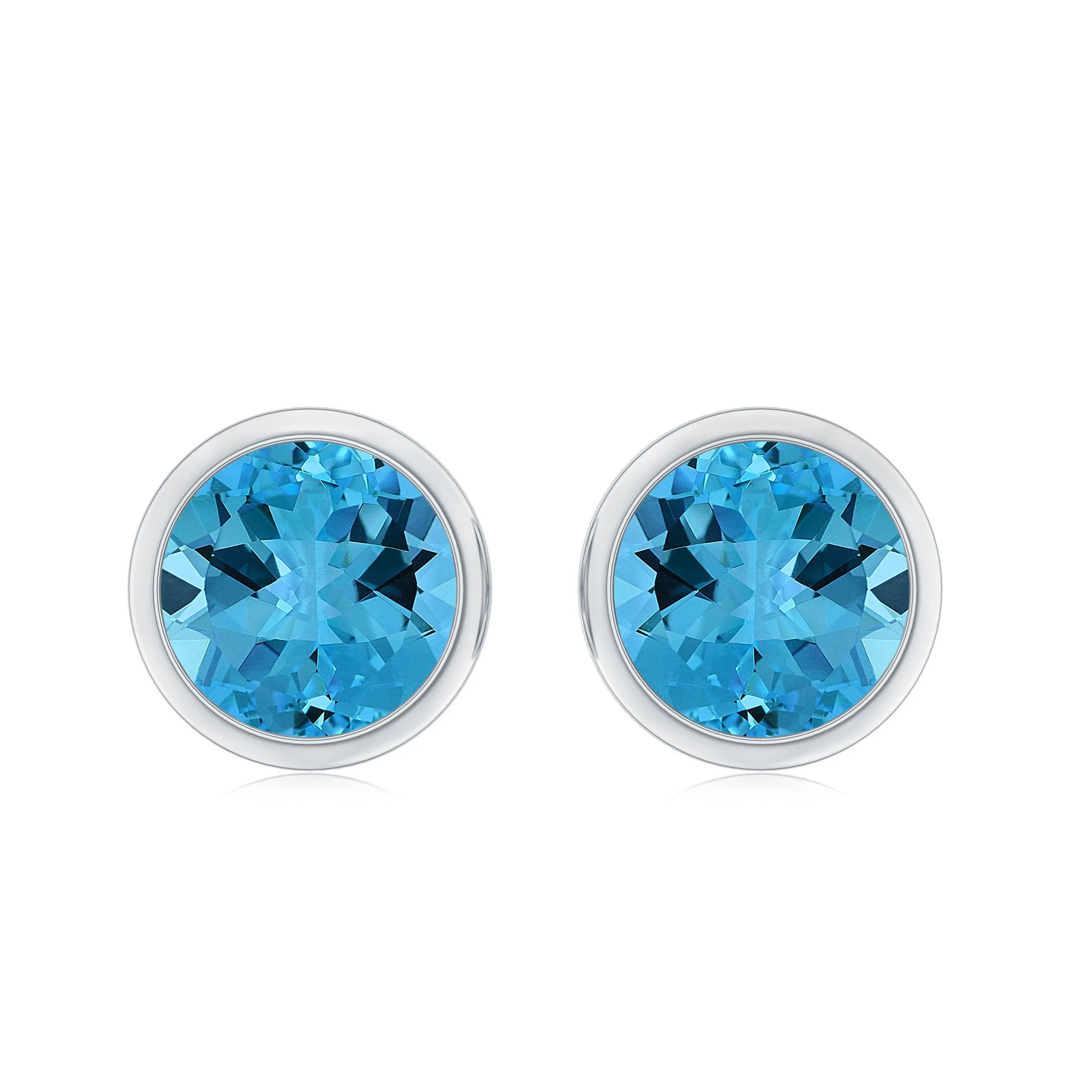 Round Shape Swiss Blue Topaz Solitaire Stud Earrings in Bezel Setting
