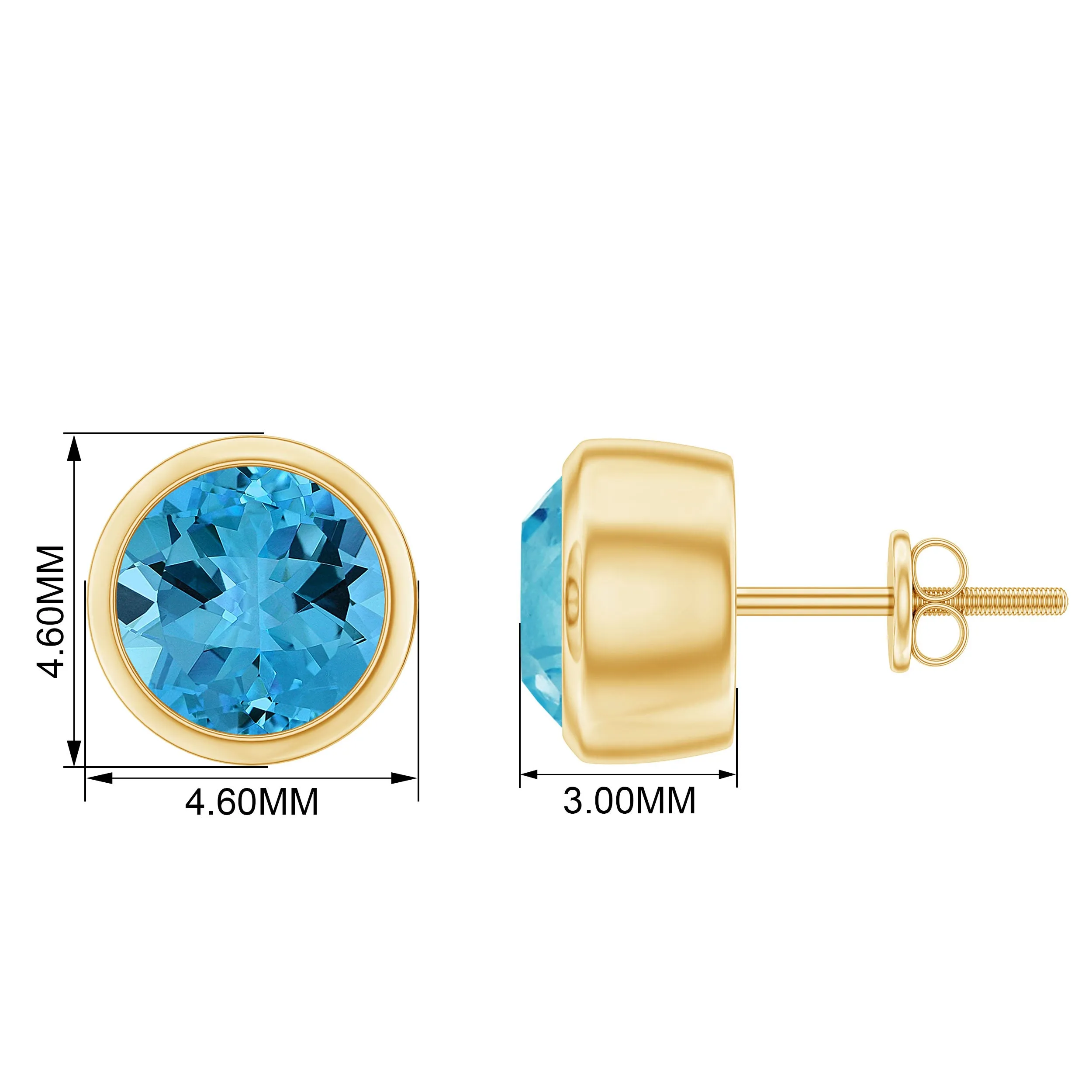 Round Shape Swiss Blue Topaz Solitaire Stud Earrings in Bezel Setting