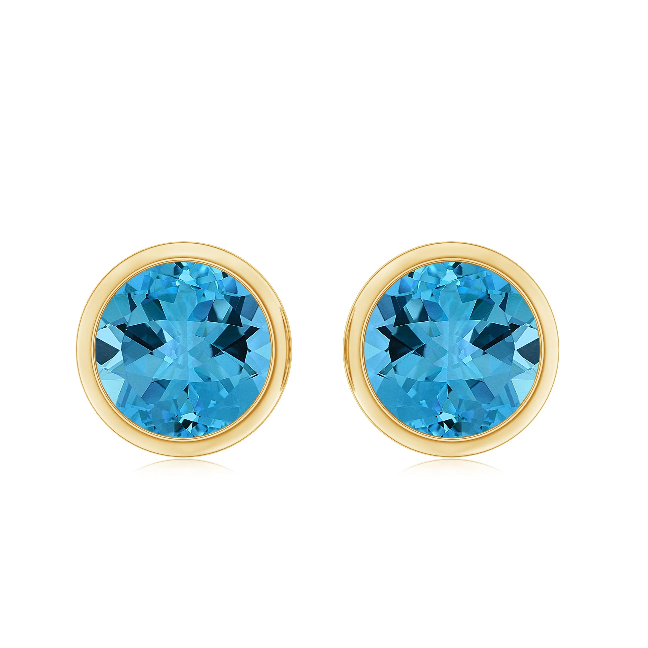 Round Shape Swiss Blue Topaz Solitaire Stud Earrings in Bezel Setting