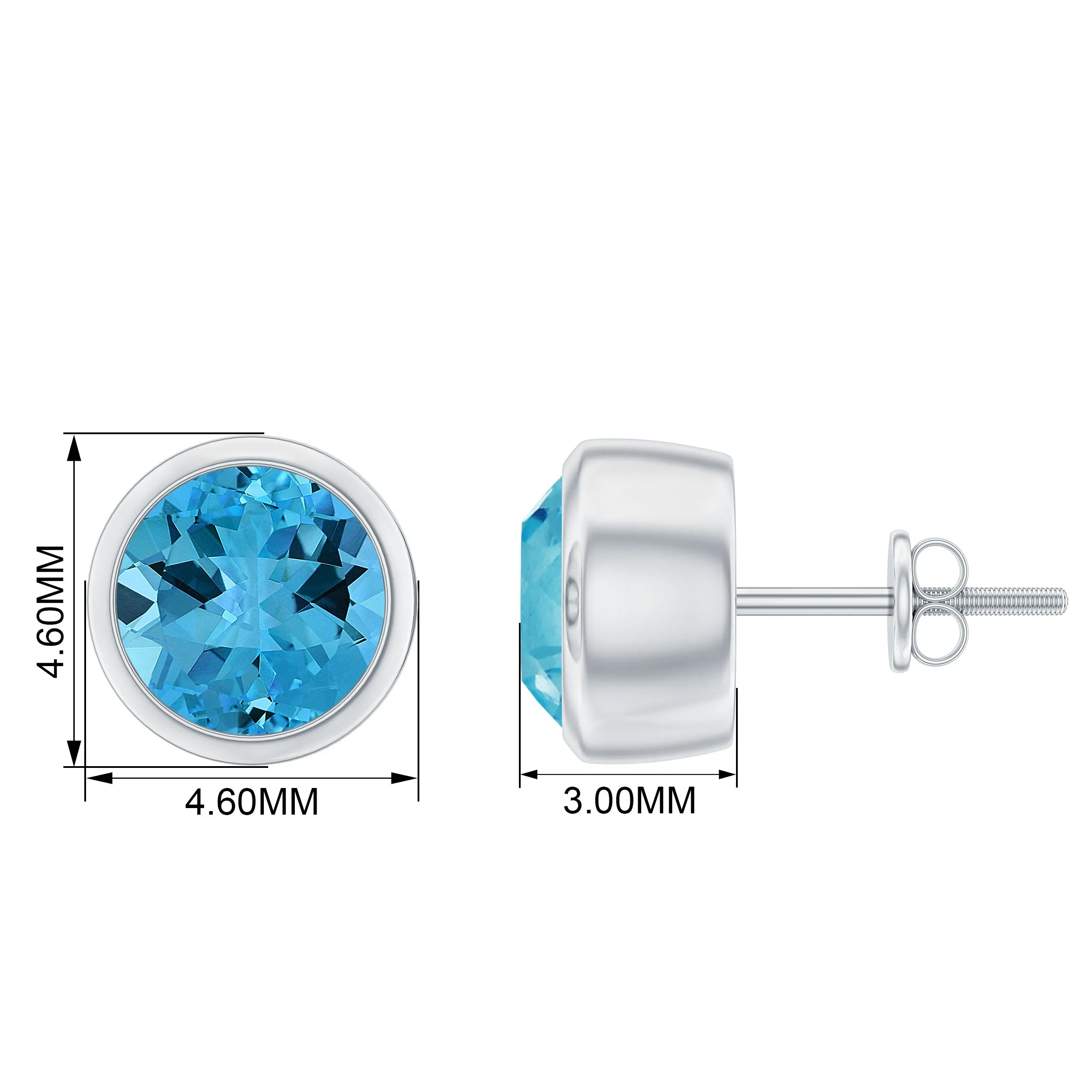 Round Shape Swiss Blue Topaz Solitaire Stud Earrings in Bezel Setting