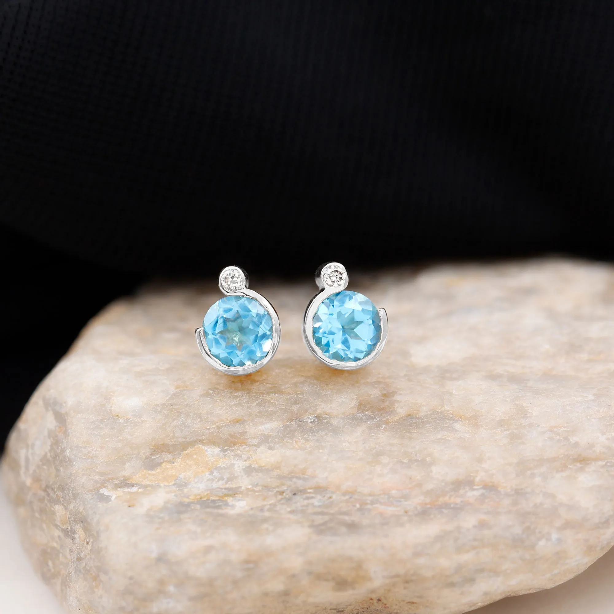 Round Swiss Blue Topaz Stud Earrings with Moissanite