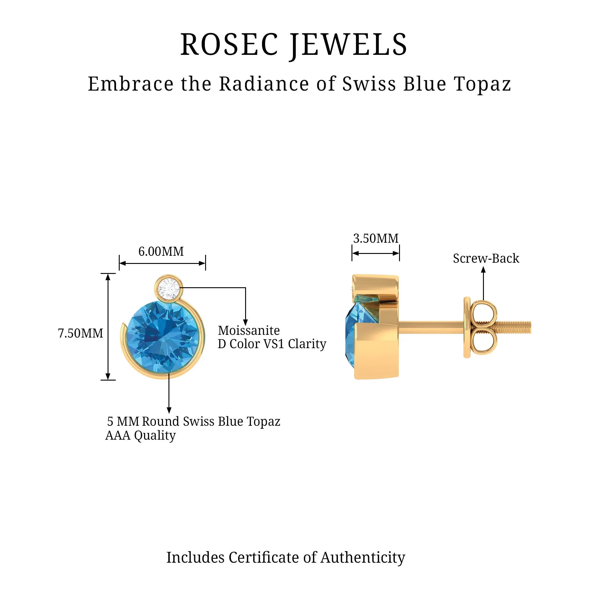 Round Swiss Blue Topaz Stud Earrings with Moissanite