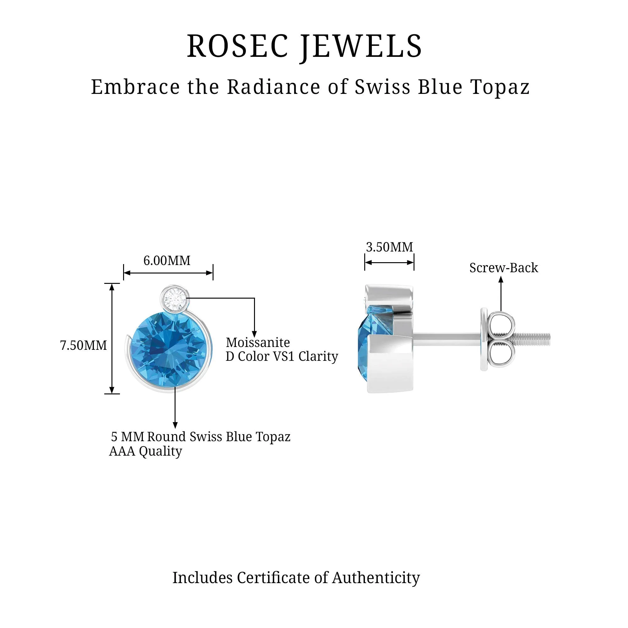 Round Swiss Blue Topaz Stud Earrings with Moissanite