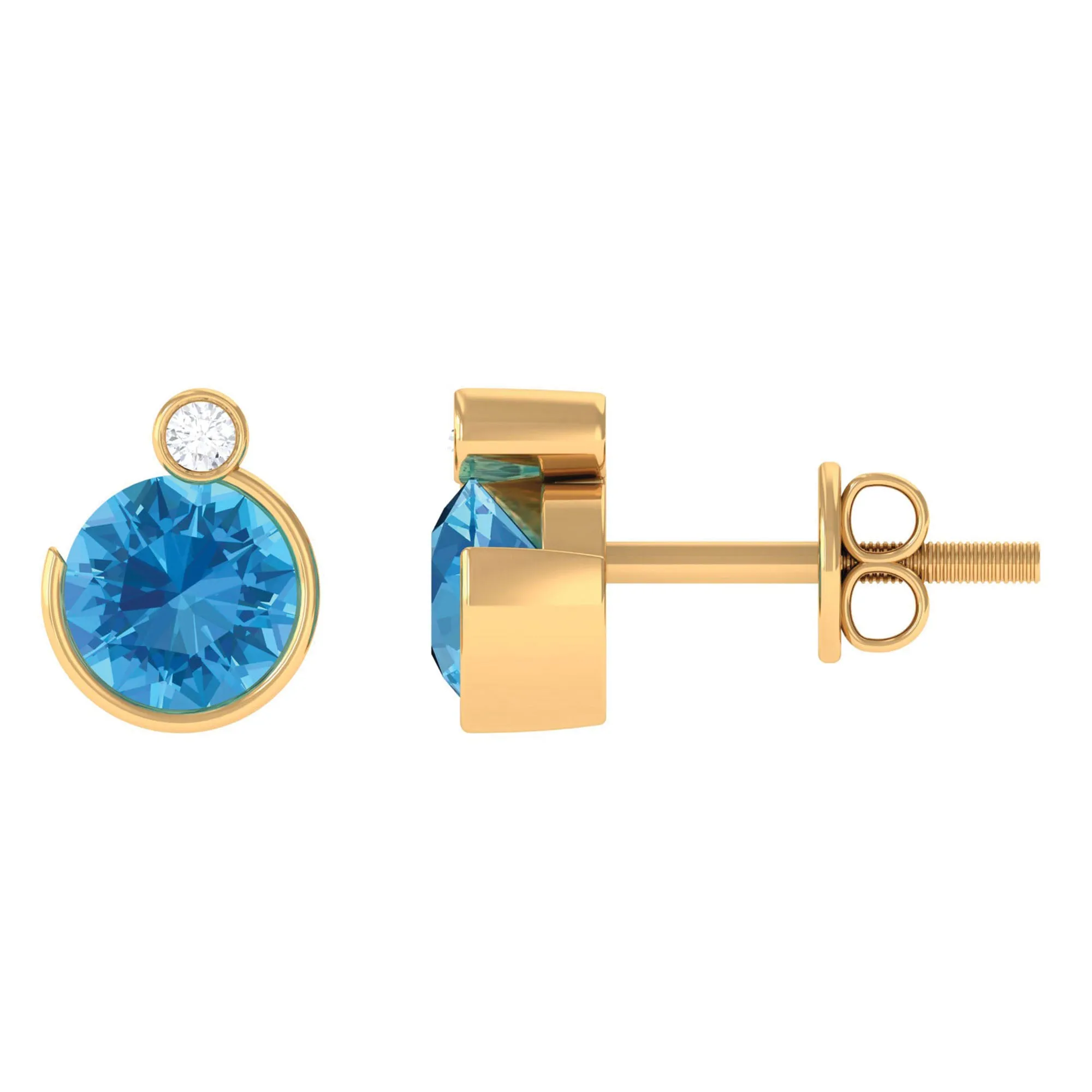 Round Swiss Blue Topaz Stud Earrings with Moissanite