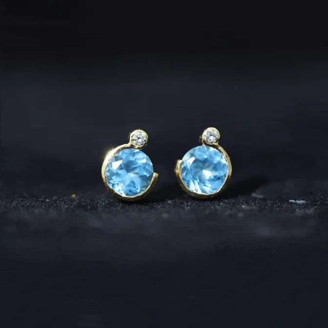 Round Swiss Blue Topaz Stud Earrings with Moissanite