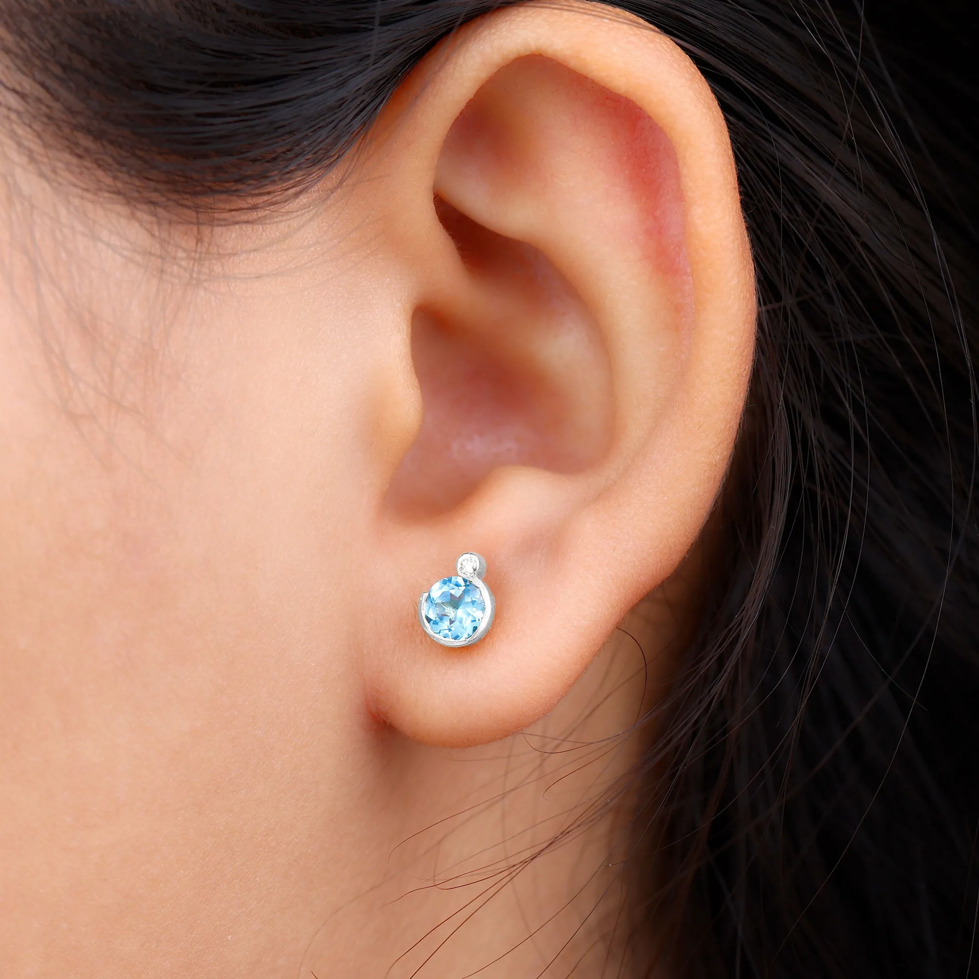Round Swiss Blue Topaz Stud Earrings with Moissanite