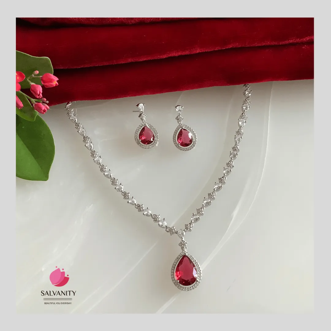Salvanity American Diamond Sleek Ruby Necklace set