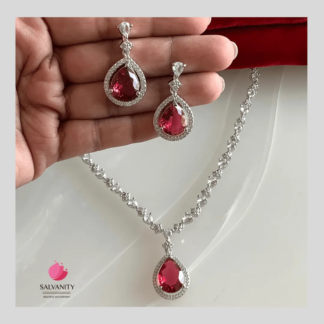 Salvanity American Diamond Sleek Ruby Necklace set