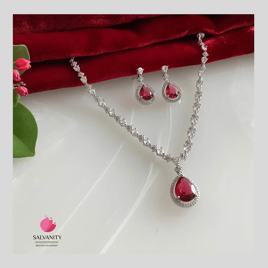 Salvanity American Diamond Sleek Ruby Necklace set