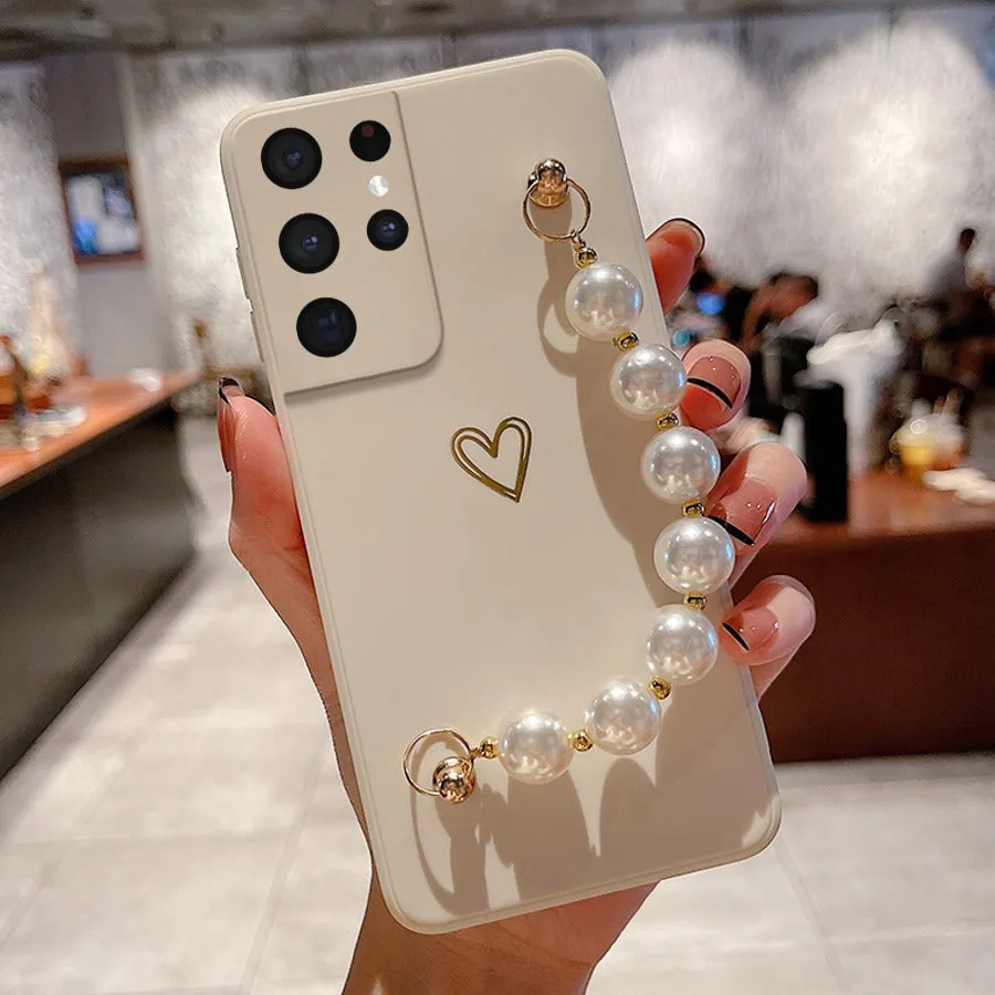 Soft Silicone Heart Print With Pearl Bracelet Case - Samsung