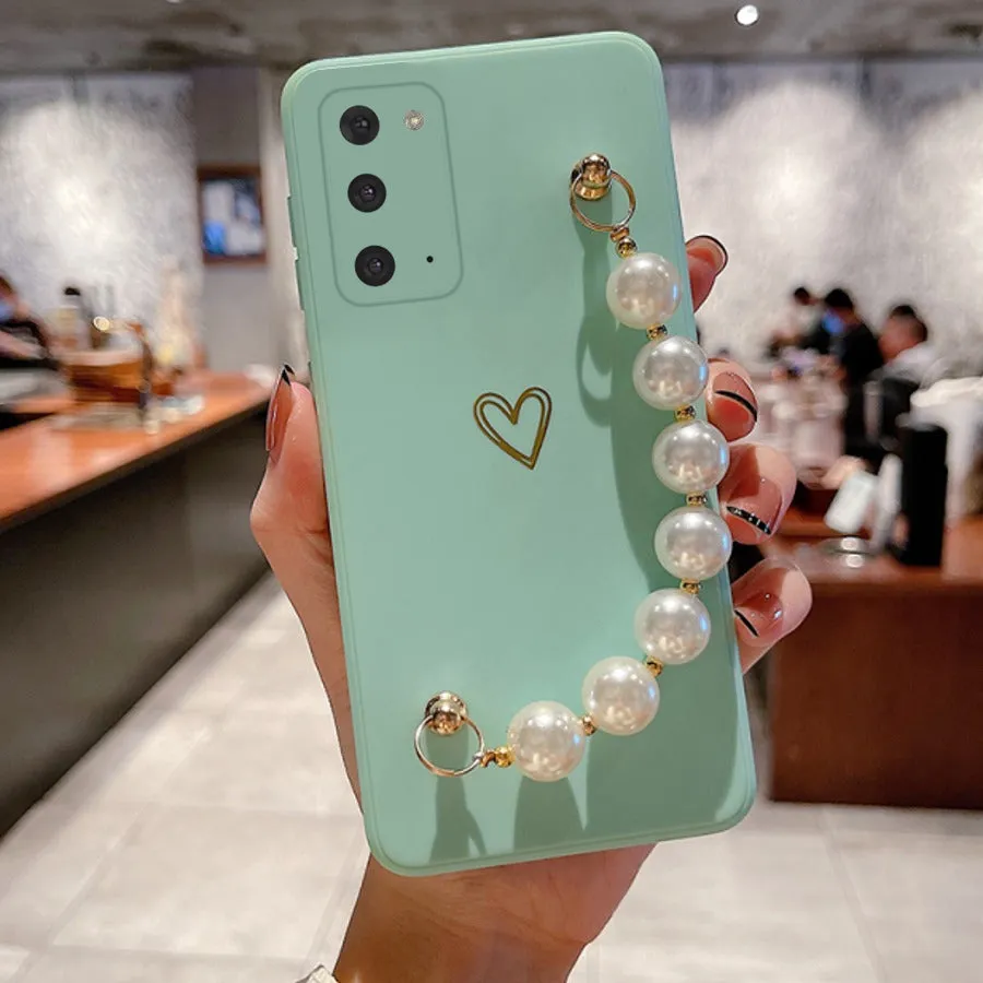 Soft Silicone Heart Print With Pearl Bracelet Case - Samsung