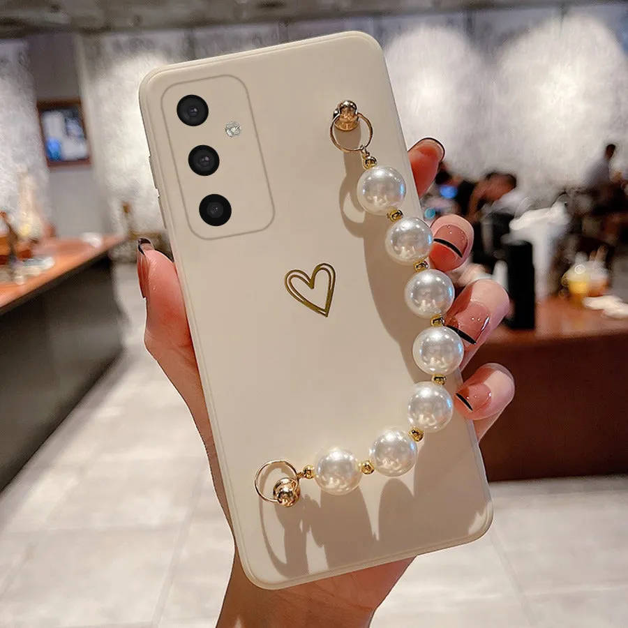 Soft Silicone Heart Print With Pearl Bracelet Case - Samsung