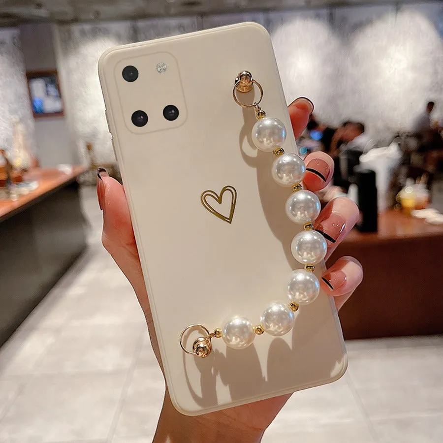 Soft Silicone Heart Print With Pearl Bracelet Case - Samsung