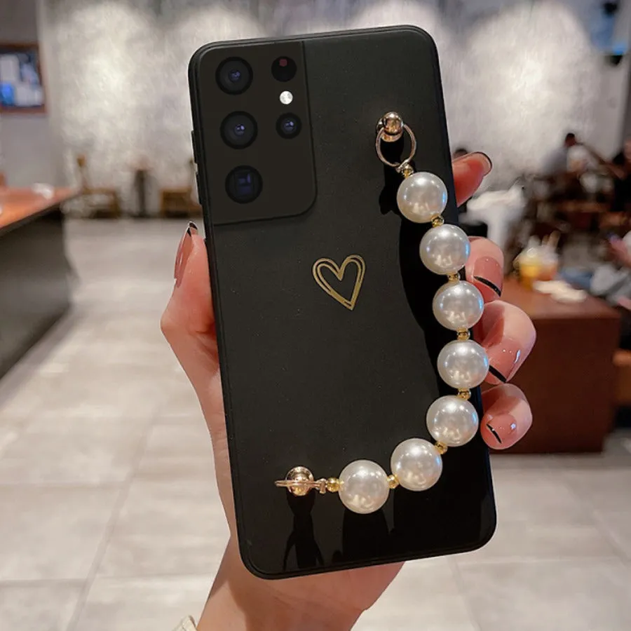 Soft Silicone Heart Print With Pearl Bracelet Case - Samsung