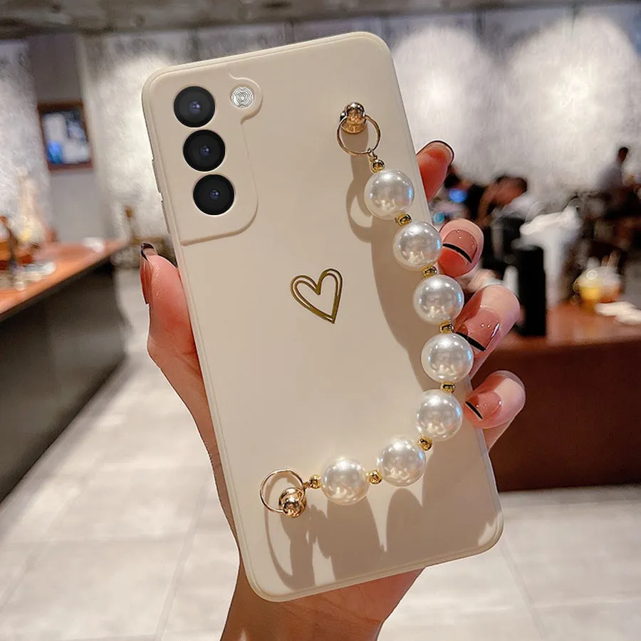 Soft Silicone Heart Print With Pearl Bracelet Case - Samsung