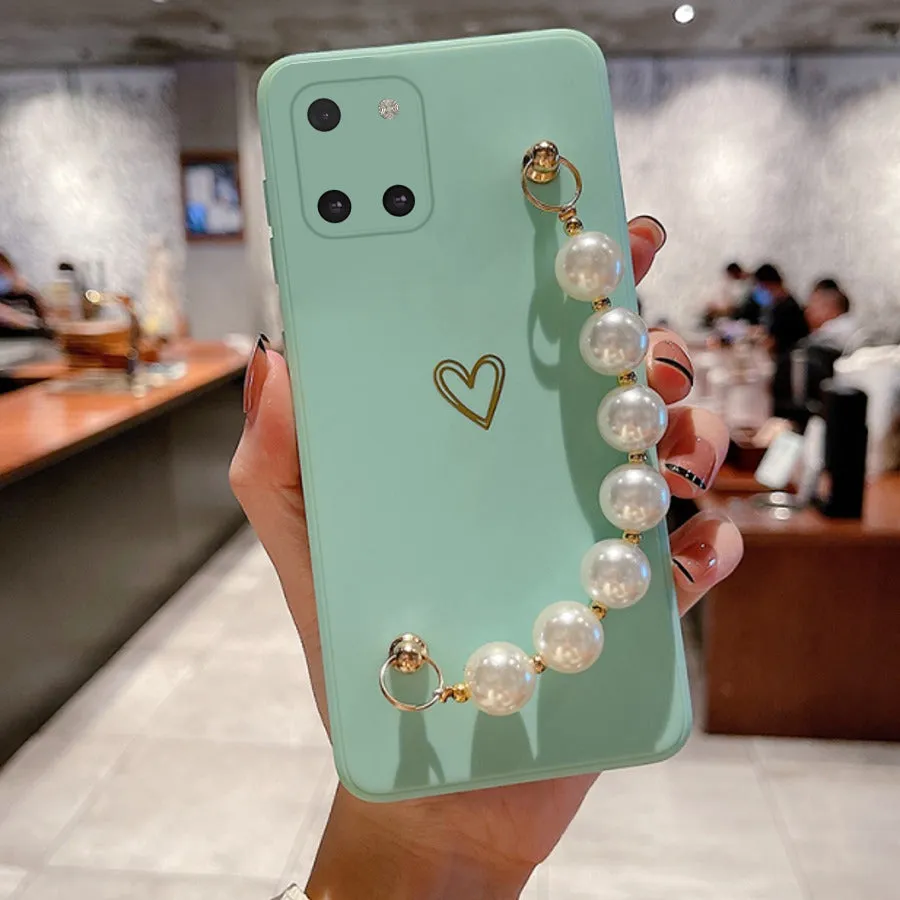 Soft Silicone Heart Print With Pearl Bracelet Case - Samsung
