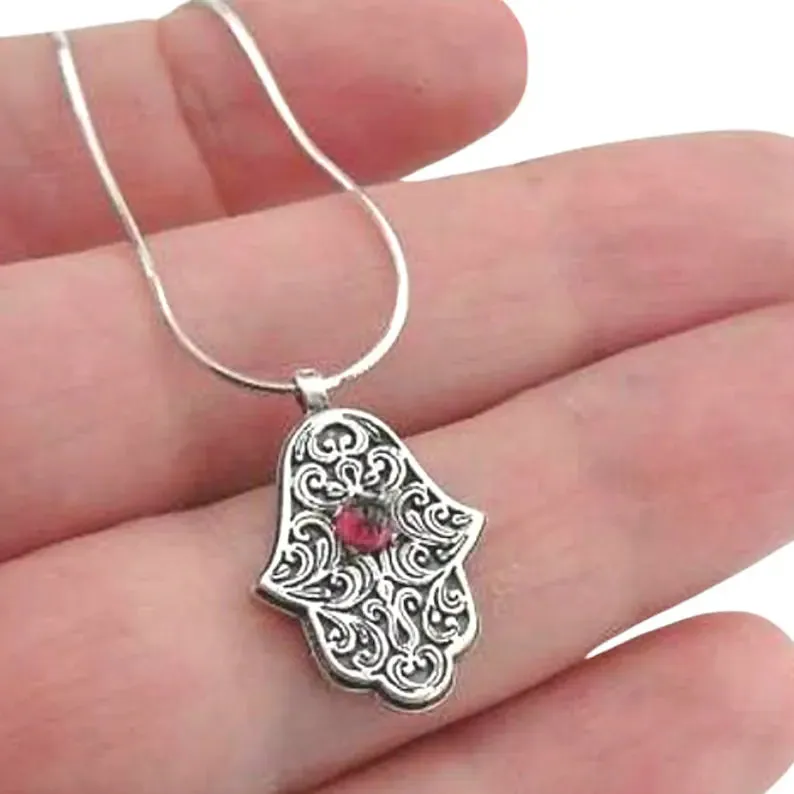 Sterling Silver Hamsa Pendant with Garnet – Ready to Ship