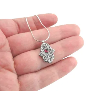 Sterling Silver Hamsa Pendant with Garnet – Ready to Ship