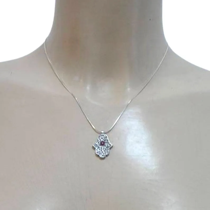 Sterling Silver Hamsa Pendant with Garnet – Ready to Ship