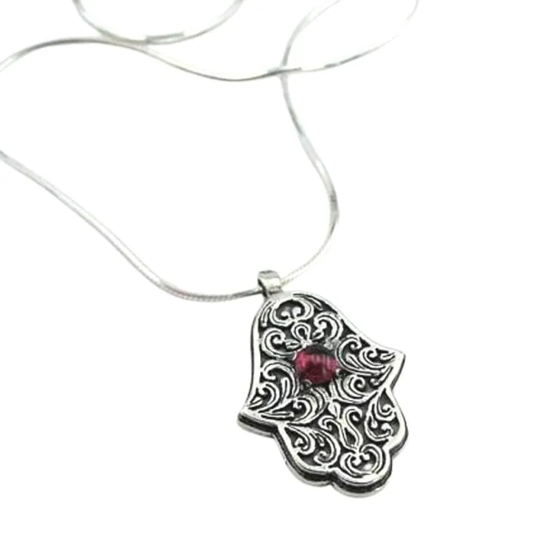 Sterling Silver Hamsa Pendant with Garnet – Ready to Ship
